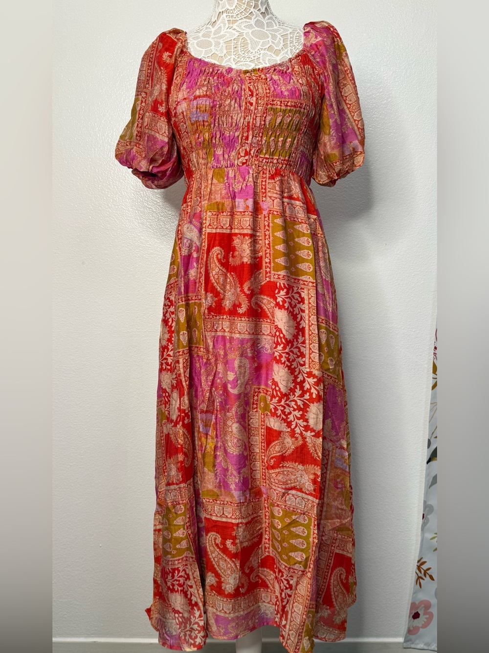 NWT Boho Patchwork Maxi Dress in Red and Pink